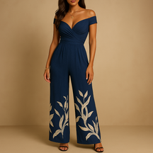 Dames jumpsuit met off shoulder ontwerp en bloemenprint in blauw en rood