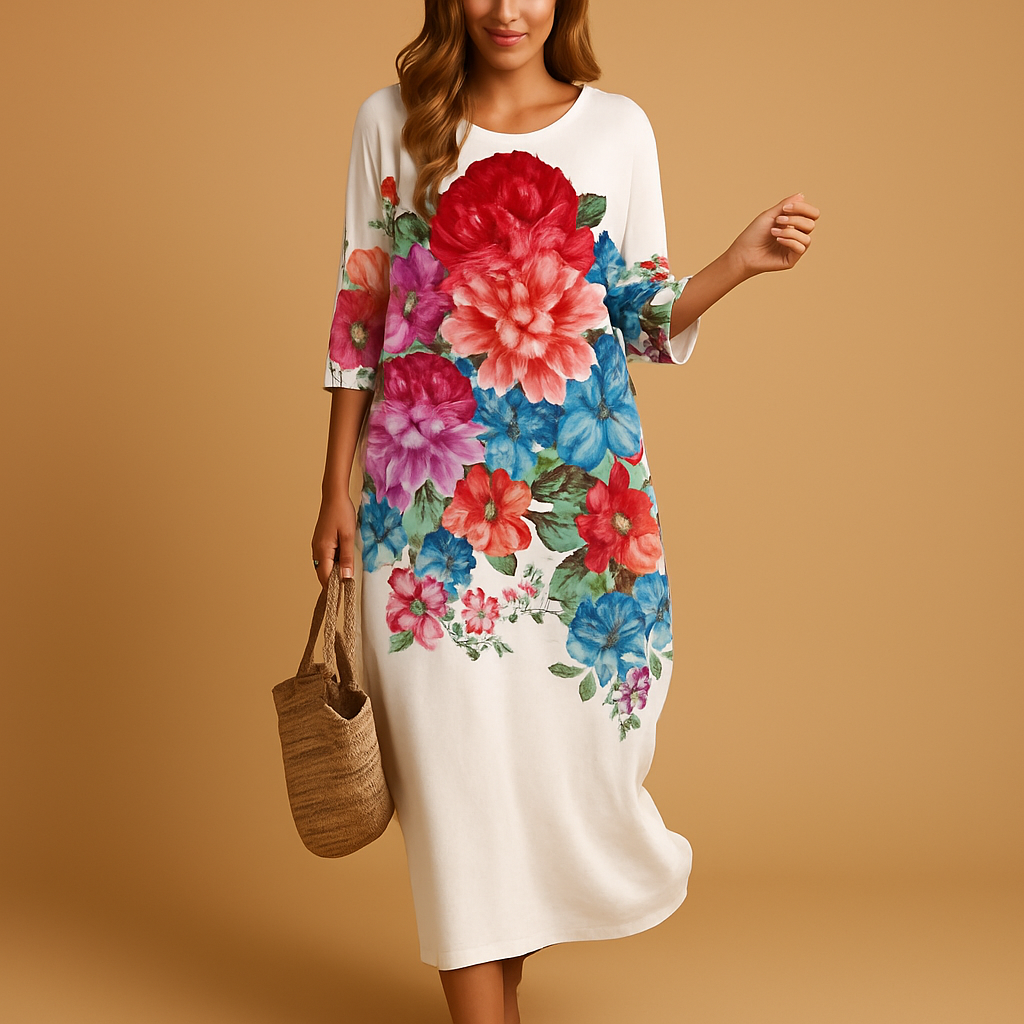 Elegante flowy midi-jurk voor dames, gemaakt van lichtgewicht stof, geschikt voor alle seizoenen en gelegenheden.