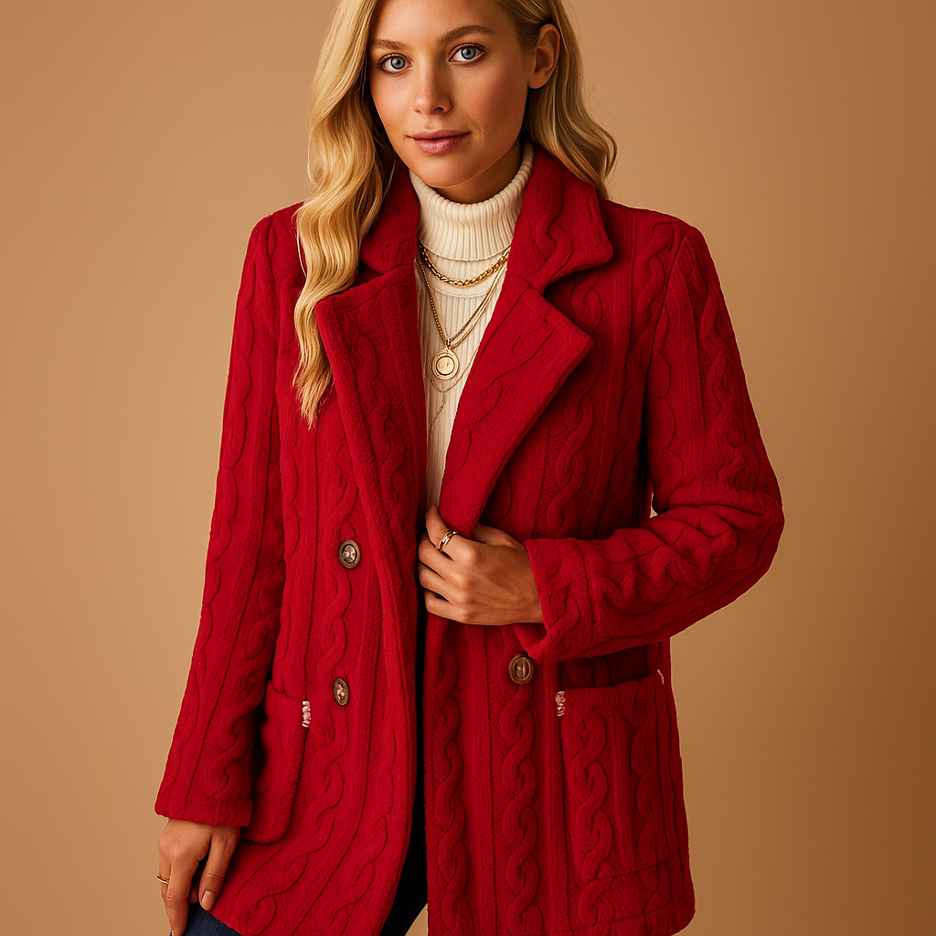 Elegante getailleerde winterjas voor dames in abrikoos, zwart, rood en wit. Perfect voor werk, vrije tijd en stijlvolle winterse dagen.