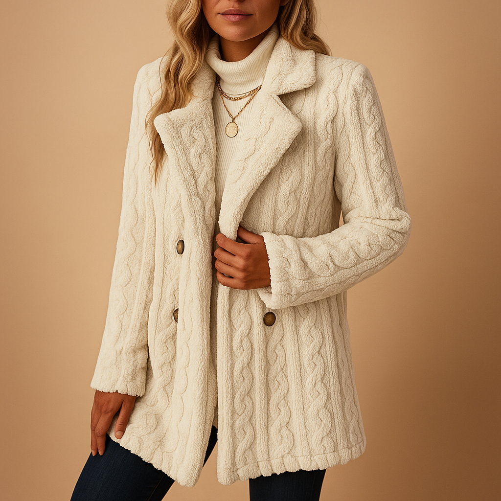 Elegante getailleerde winterjas voor dames in abrikoos, zwart, rood en wit. Perfect voor werk, vrije tijd en stijlvolle winterse dagen.