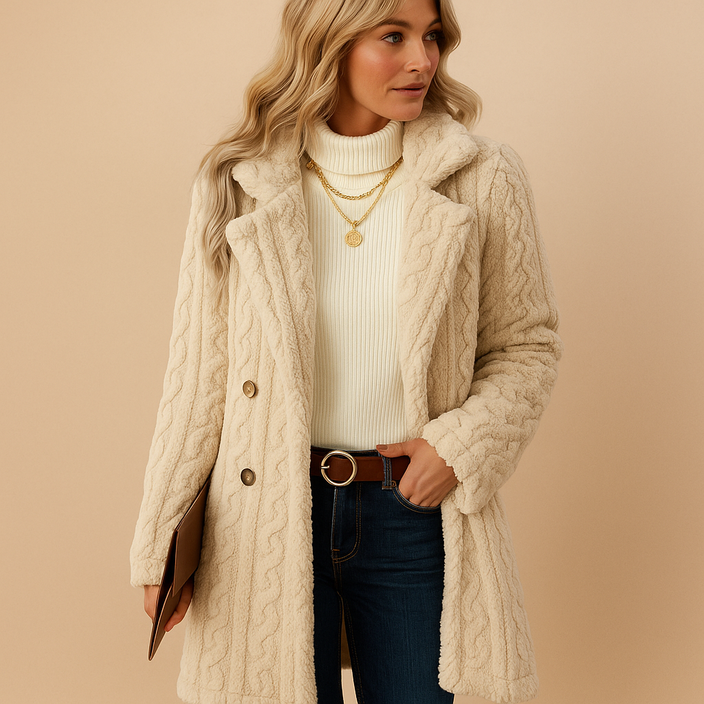 Elegante getailleerde winterjas voor dames in abrikoos, zwart, rood en wit. Perfect voor werk, vrije tijd en stijlvolle winterse dagen.