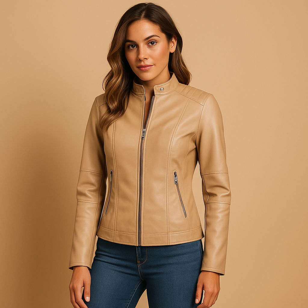 Elegante dames jas met kraag, symmetrische ritssluiting en moderne details, ideaal voor stijlvolle looks in herfst en lente.