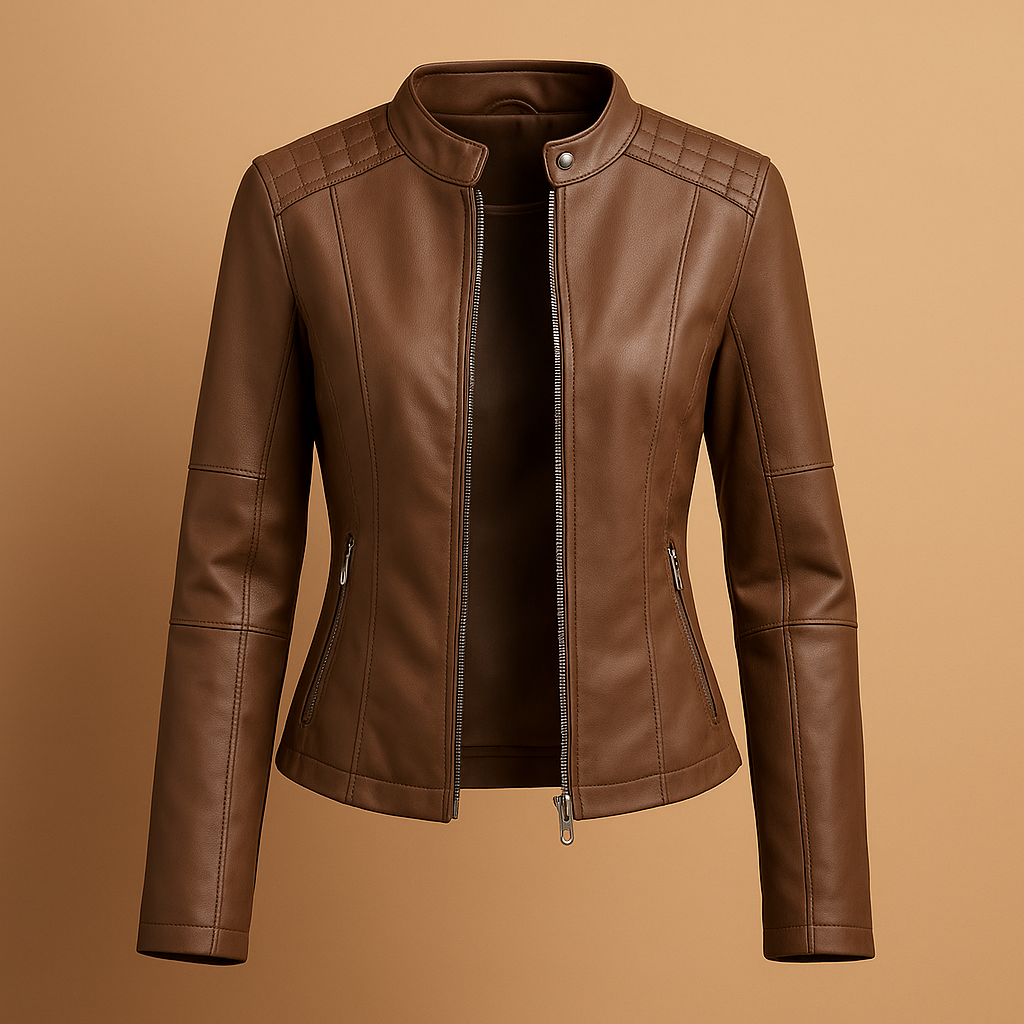 Elegante dames jas met kraag, symmetrische ritssluiting en moderne details, ideaal voor stijlvolle looks in herfst en lente.