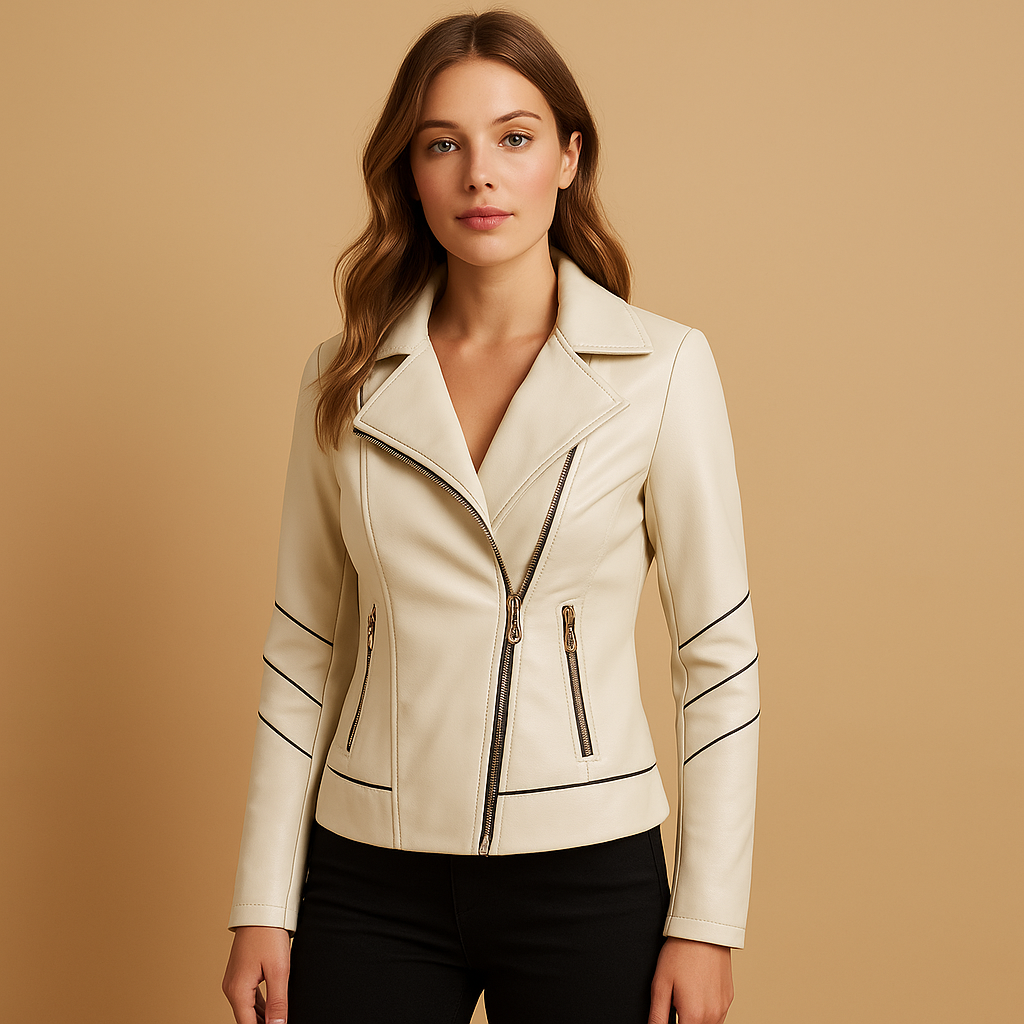 Elegante dames jas met asymmetrische rits, reverskraag en metalen details, ideaal voor herfst en lente.