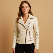 Elegante dames jas met asymmetrische rits, reverskraag en metalen details, ideaal voor herfst en lente.
