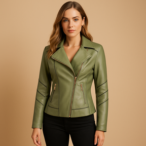 Elegante dames jas met asymmetrische rits, reverskraag en metalen details, ideaal voor herfst en lente.