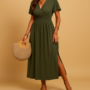 Dames midi-jurk met V-hals en slanke pasvorm, elegant en comfortabel voor formele en semi-formele gelegenheden.