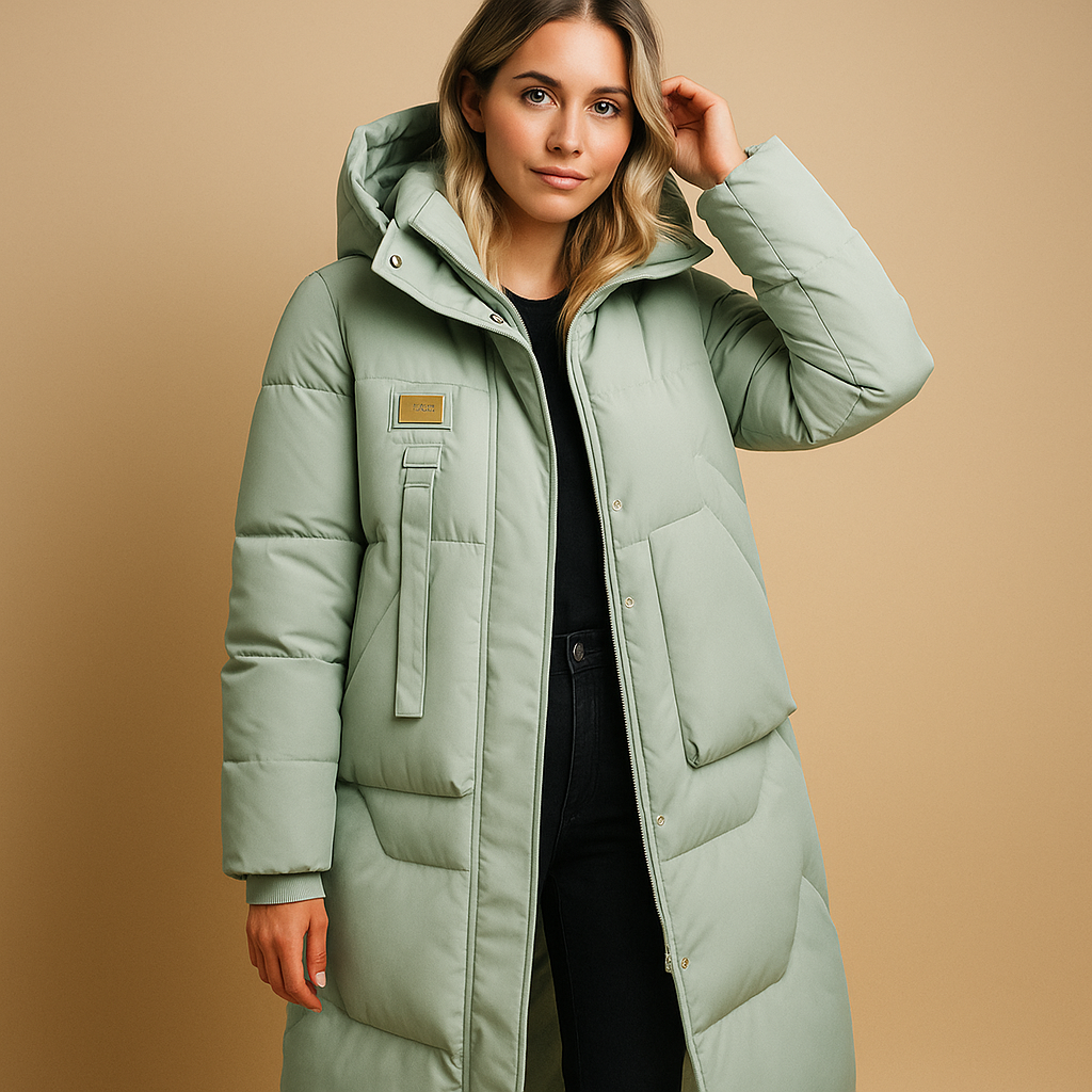 Elegante warme wintermantel voor dames met getailleerde pasvorm, zachte voering en handige zakken. Ideaal voor werk, stadswandelingen en feestelijke momenten.
