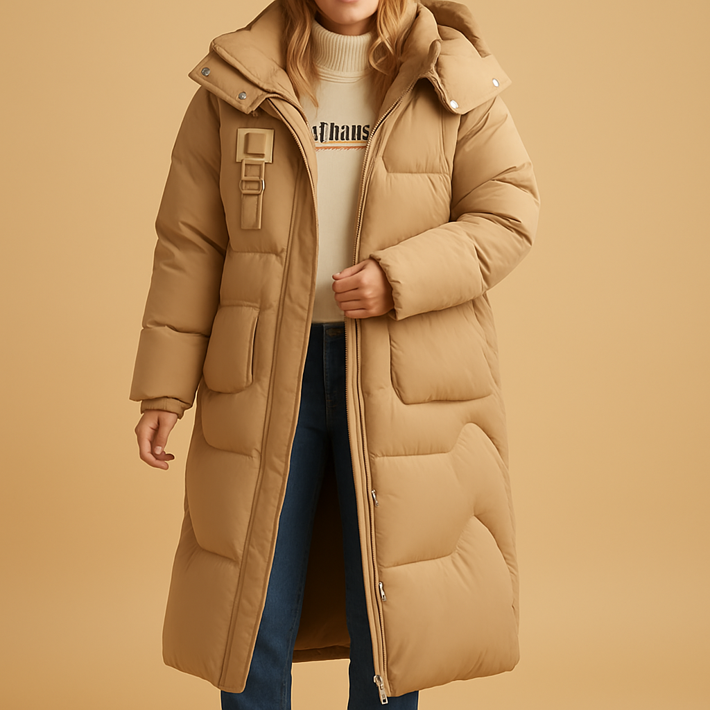 Elegante warme wintermantel voor dames met getailleerde pasvorm, zachte voering en handige zakken. Ideaal voor werk, stadswandelingen en feestelijke momenten.