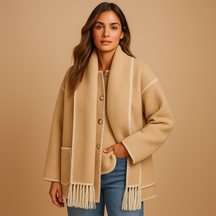 Elegante winterjas voor dames met ceintuur en bijpassende sjaal, warme voering en stijlvol design, ideaal voor dagelijks gebruik en winterse gelegenheden.