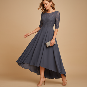 Elegante dames feestjurk met kanten afwerking en flatterende pasvorm, ideaal voor gala’s, bruiloften en bijzondere gelegenheden