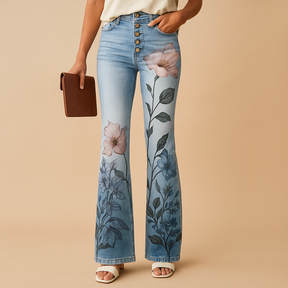 Dames flared jeans met bloemenprint en relaxte pasvorm van ademende stof, perfect voor lente- en zomeroutfits met een speelse touch.