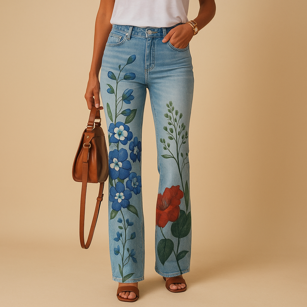 Dames flared jeans met bloemenprint en relaxte pasvorm van ademende stof, perfect voor lente- en zomeroutfits met een speelse touch.