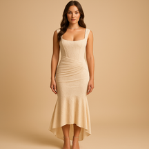 Gebloemde midi-jurk voor dames met lichte stof en elegante pasvorm, ideaal voor tuinfeestjes, brunch of zomerse casual dagen.