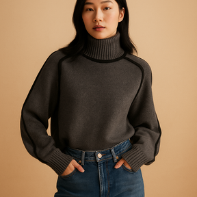 Gebreide dames coltrui met elegante pasvorm en hoge zachte kraag, perfect voor winterse dagen en formele gelegenheden.
