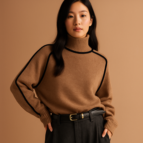 Gebreide dames coltrui met elegante pasvorm en hoge zachte kraag, perfect voor winterse dagen en formele gelegenheden.