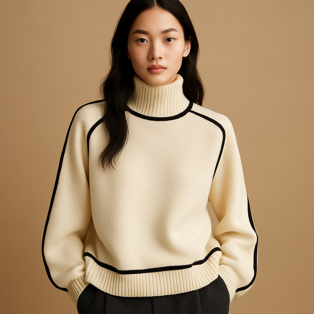 Gebreide dames coltrui met elegante pasvorm en hoge zachte kraag, perfect voor winterse dagen en formele gelegenheden.