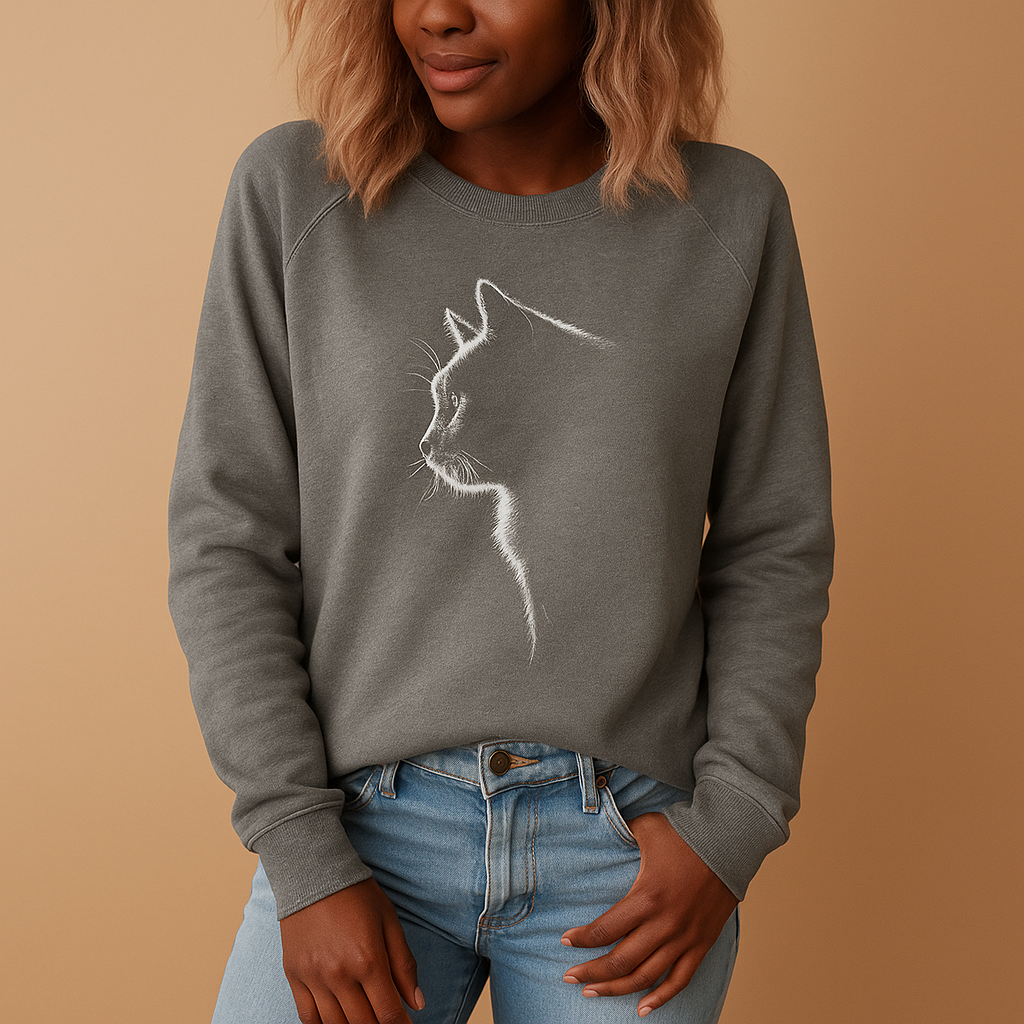 Gebreide damestrui met kattenprint in zachte katoenmix, verkrijgbaar in zwart, blauw, grijs, groen en roze. Perfect voor casual en thuisgebruik.