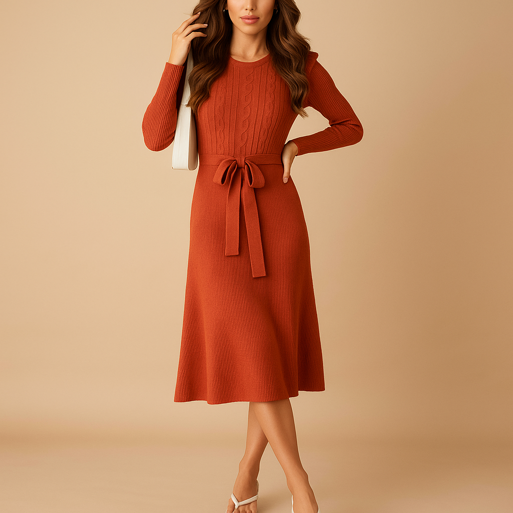 Gebreide herfstjurk voor dames met riem, ronde hals en lange mouwen – perfect voor casual chique gelegenheden of knusse herfstavonden.