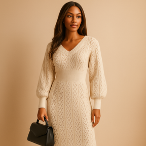 Dames gebreide jurk van katoen met V-hals en lange mouwen, ideaal voor lente, zomer, werk of casual momenten.