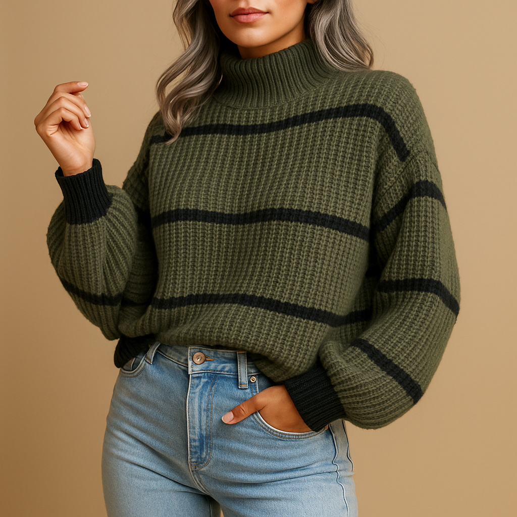 Zwart-wit gestreepte gebreide damestrui met hoge hals, ideaal voor casual en smart-casual outfits