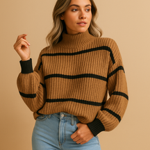 Zwart-wit gestreepte gebreide damestrui met hoge hals, ideaal voor casual en smart-casual outfits