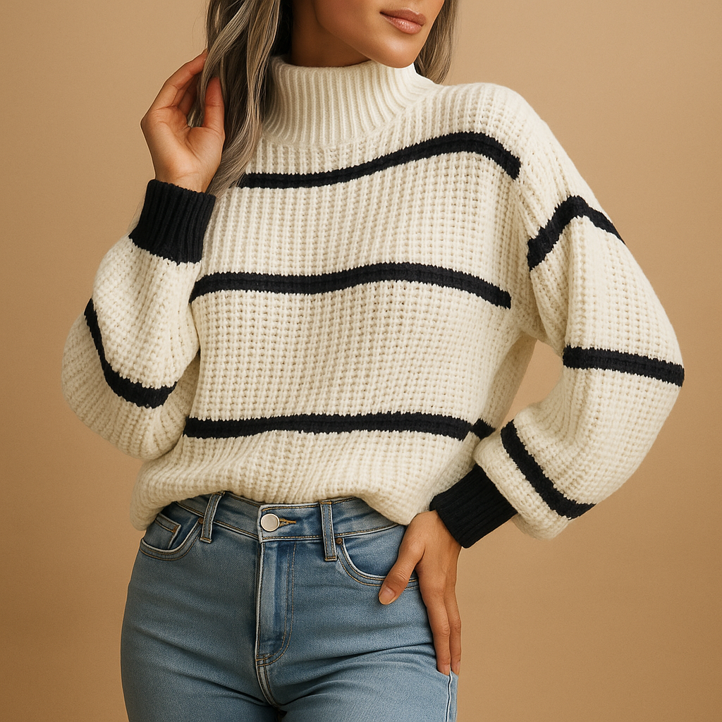 Zwart-wit gestreepte gebreide damestrui met hoge hals, ideaal voor casual en smart-casual outfits