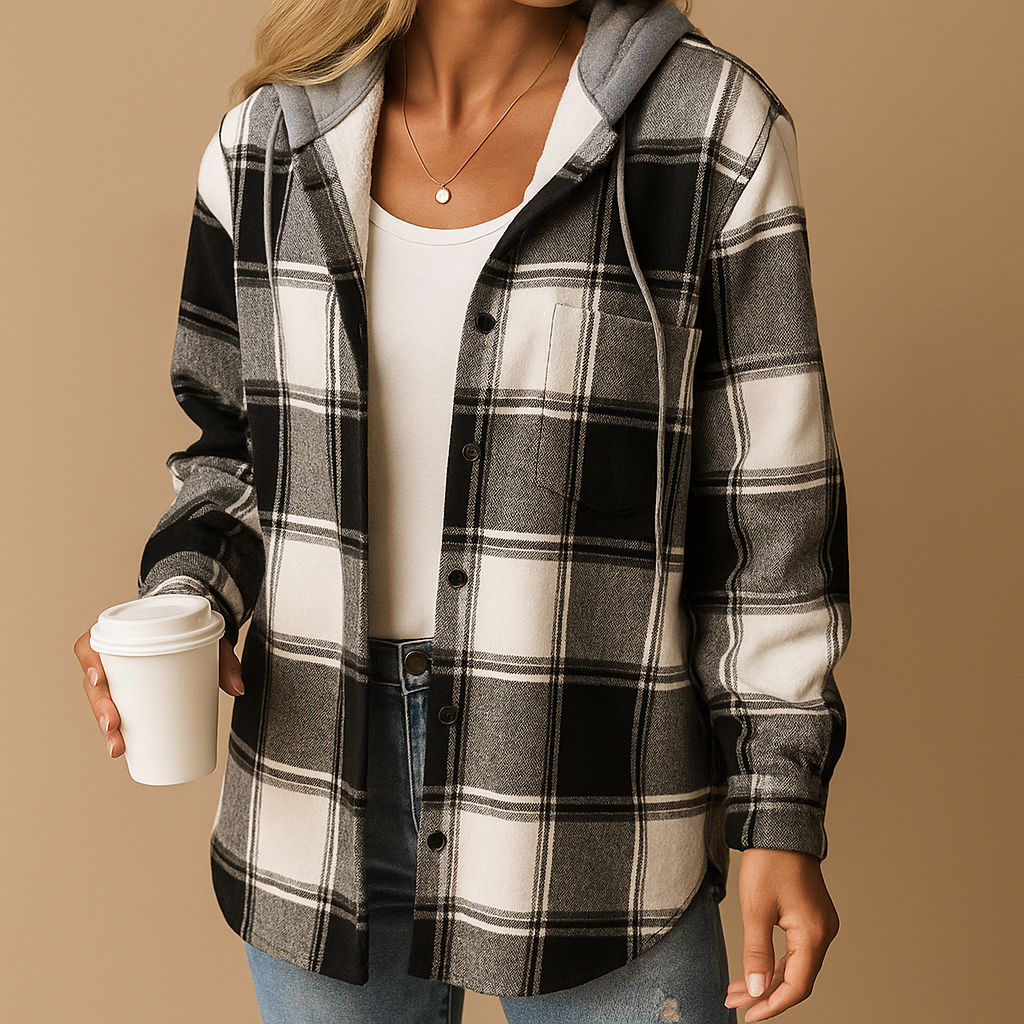 Geruit jack met capuchon voor dames van zachte ademende stof. Relaxte pasvorm en veelzijdig design, ideaal voor lente, herfst en winter.