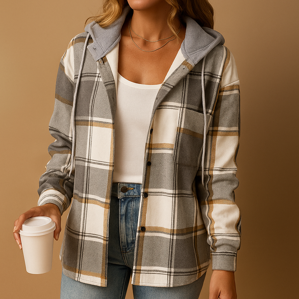 Geruit jack met capuchon voor dames van zachte ademende stof. Relaxte pasvorm en veelzijdig design, ideaal voor lente, herfst en winter.