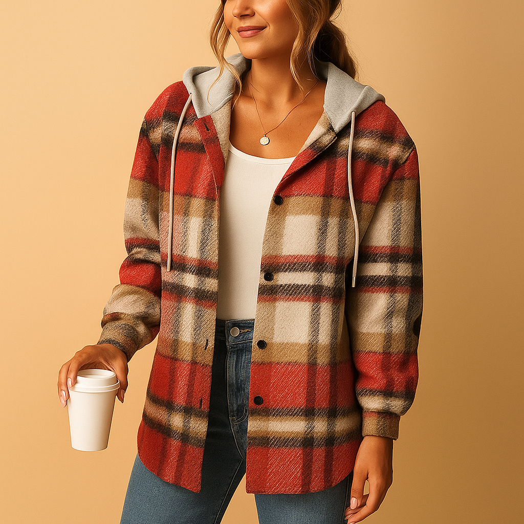 Geruit jack met capuchon voor dames van zachte ademende stof. Relaxte pasvorm en veelzijdig design, ideaal voor lente, herfst en winter.