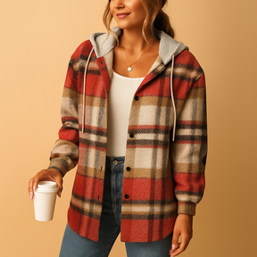 Geruit jack met capuchon voor dames van zachte ademende stof. Relaxte pasvorm en veelzijdig design, ideaal voor lente, herfst en winter.