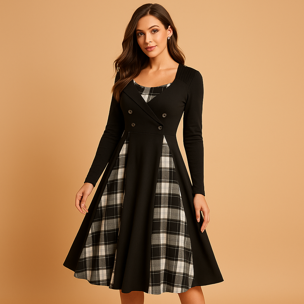Dames A-lijn jurk met geruit patroon, knoopsluiting en lange mouwen – ideaal voor werk, casual dagen en elegante gelegenheden.