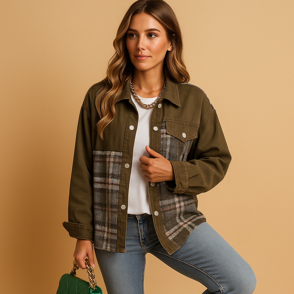 Geruite denim-look jas voor dames met losse pasvorm en zachte stof. Ideaal voor casual layering en semi-formele outfits in elk seizoen.