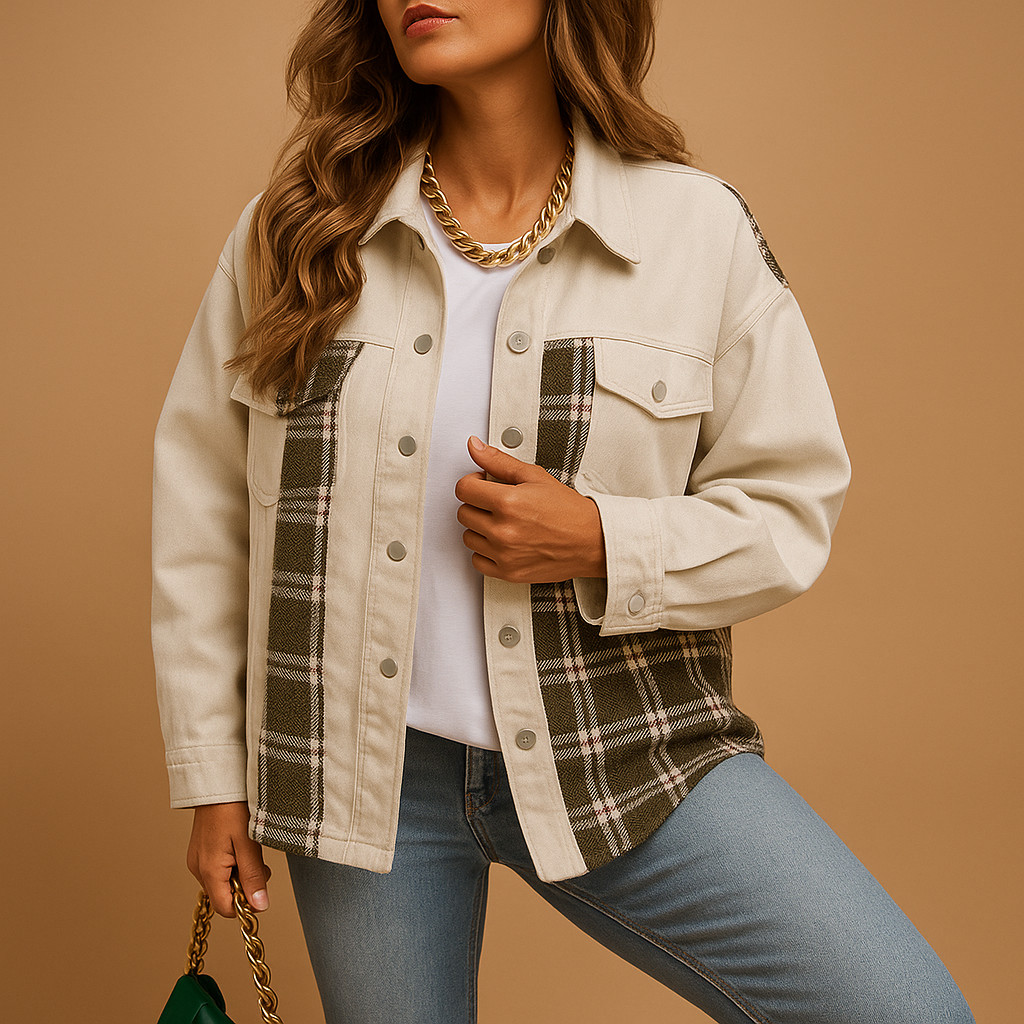 Geruite denim-look jas voor dames met losse pasvorm en zachte stof. Ideaal voor casual layering en semi-formele outfits in elk seizoen.