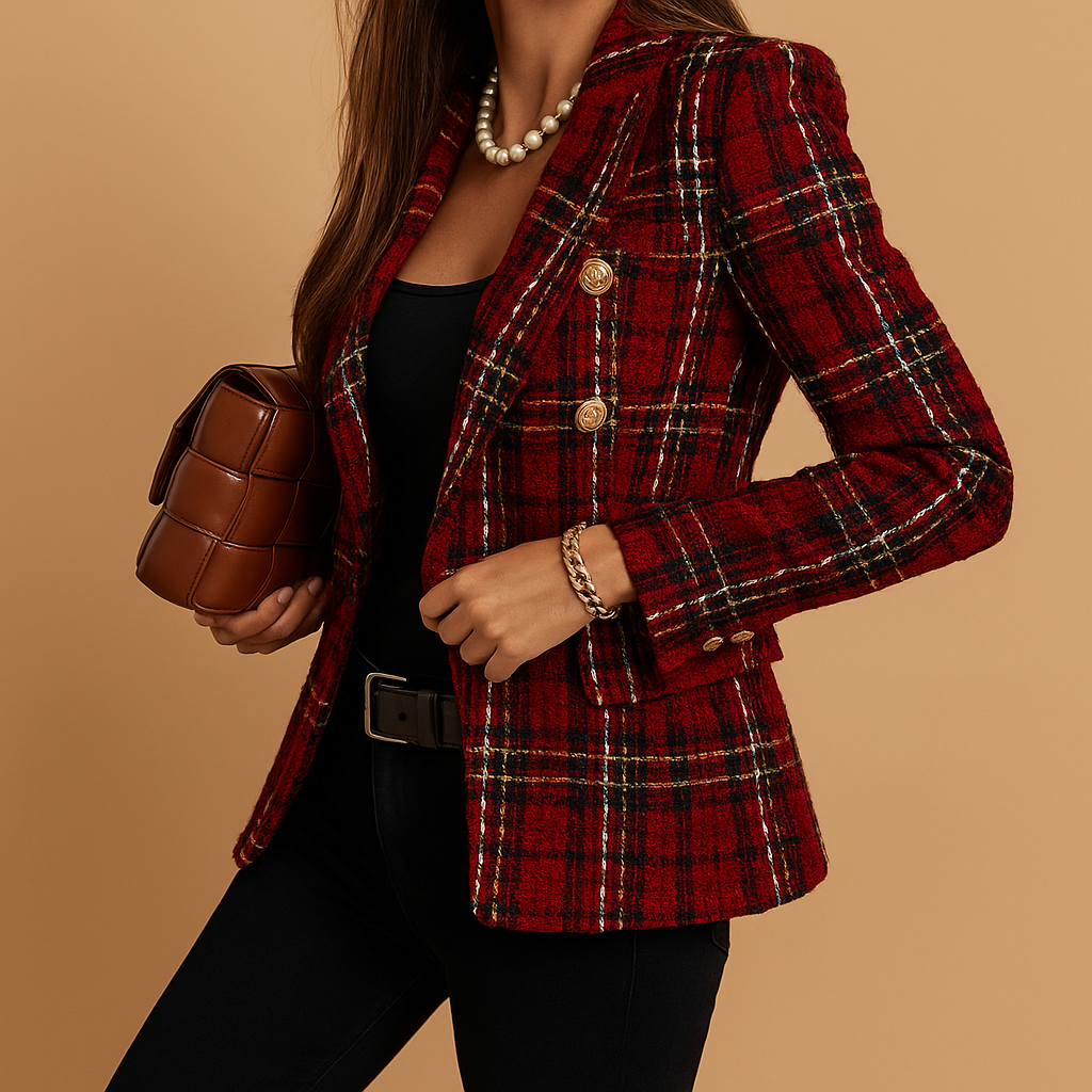 Geruite damesblazer met double-breasted design en lange mouwen, perfect voor zakelijke of casual looks.