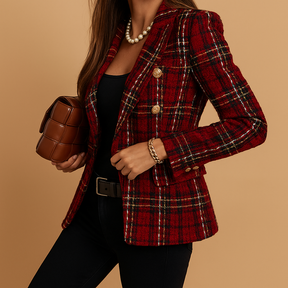 Geruite damesblazer met double-breasted design en lange mouwen, perfect voor zakelijke of casual looks.