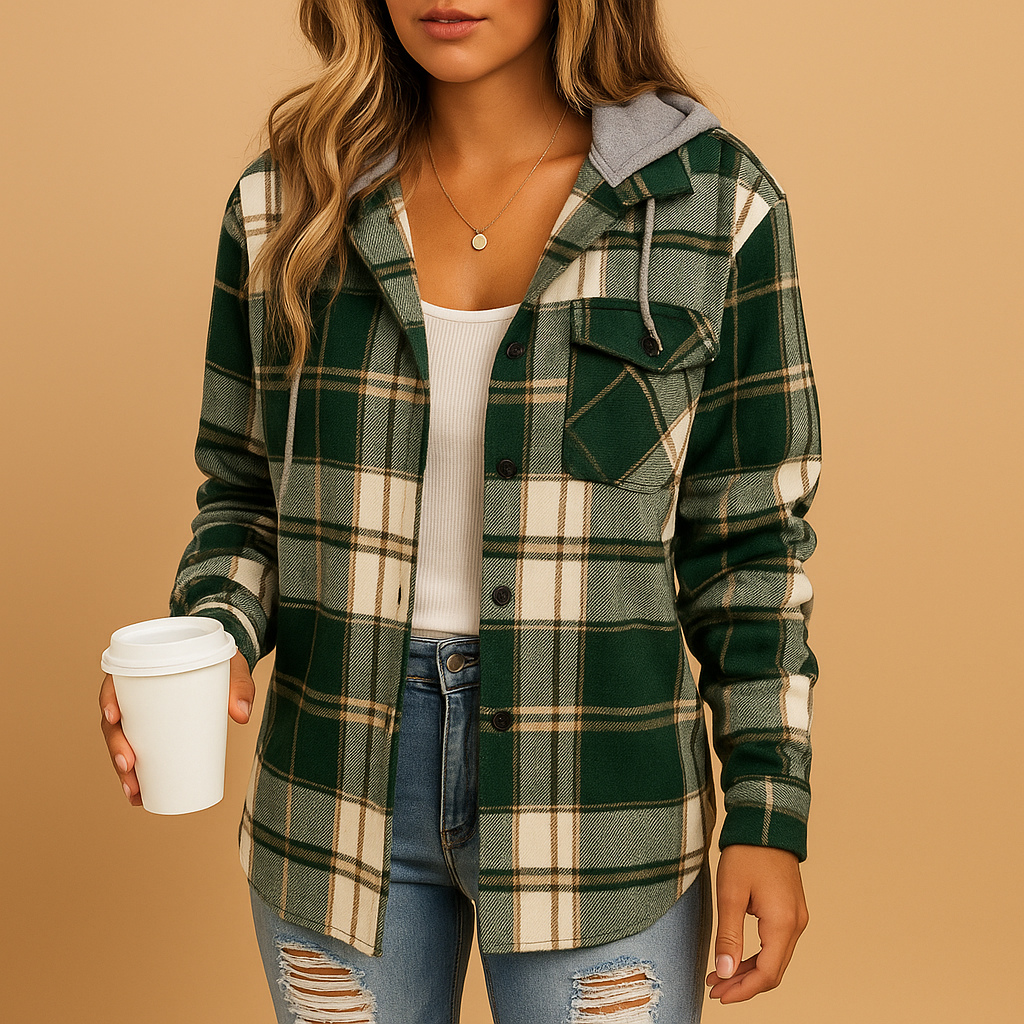 Damesjas met groene ruit en gevoerde capuchon, perfect voor frisse herfst- en winterdagen.