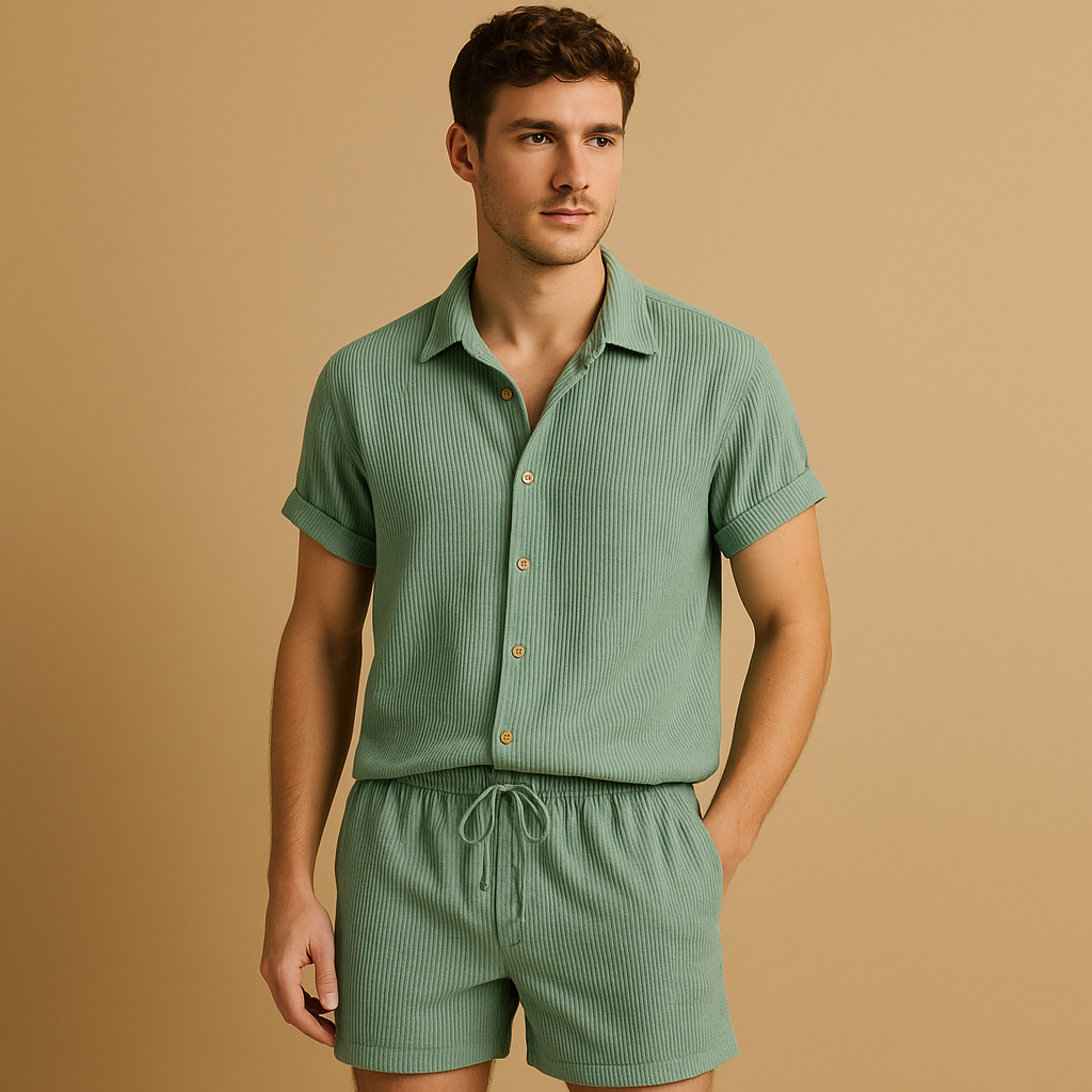 Zomerset voor heren met gestreept overhemd en comfortabele short in vrolijke kleuren, perfect voor zomerdagen en informele gelegenheden.