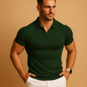 Heren poloshirt met V-hals, slanke pasvorm en korte mouwen, stijlvol casual design met ribboordweefsel en reverskraag.