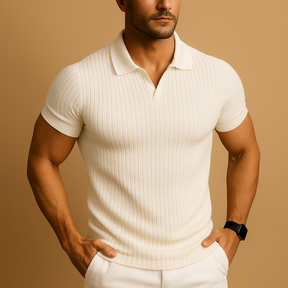 Heren poloshirt met V-hals, slanke pasvorm en korte mouwen, stijlvol casual design met ribboordweefsel en reverskraag.