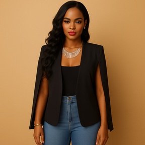 Getailleerde damesblazer met klassieke snit en schouderdetails, geschikt voor werk of een elegante avondlook.