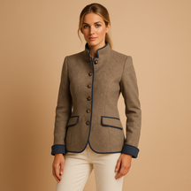 Lichtbruine getailleerde jas voor dames met stretch, ideaal voor werk en zakelijke gelegenheden met een elegante uitstraling.