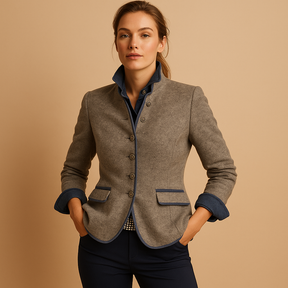 Lichtbruine getailleerde jas voor dames met stretch, ideaal voor werk en zakelijke gelegenheden met een elegante uitstraling.