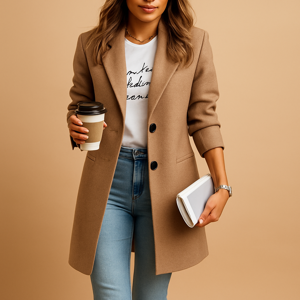 Halflange elegante damesmantel in verfijnd design, ideaal voor werk, avondjes uit en koude dagen.