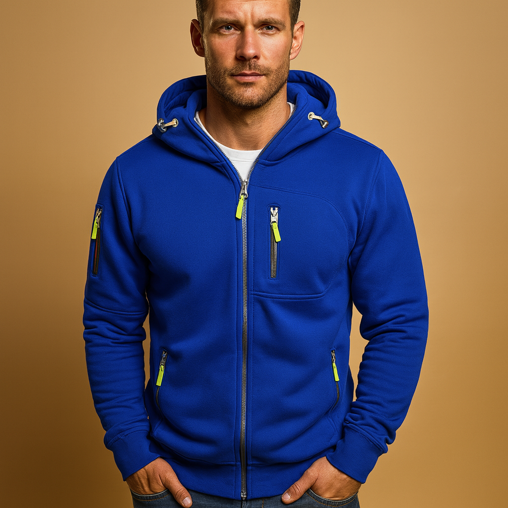 Heren hoodie met rits en capuchon, verkrijgbaar in meerdere kleuren. Comfortabel en veelzijdig voor casual en sportieve outfits in de herfst en winter.