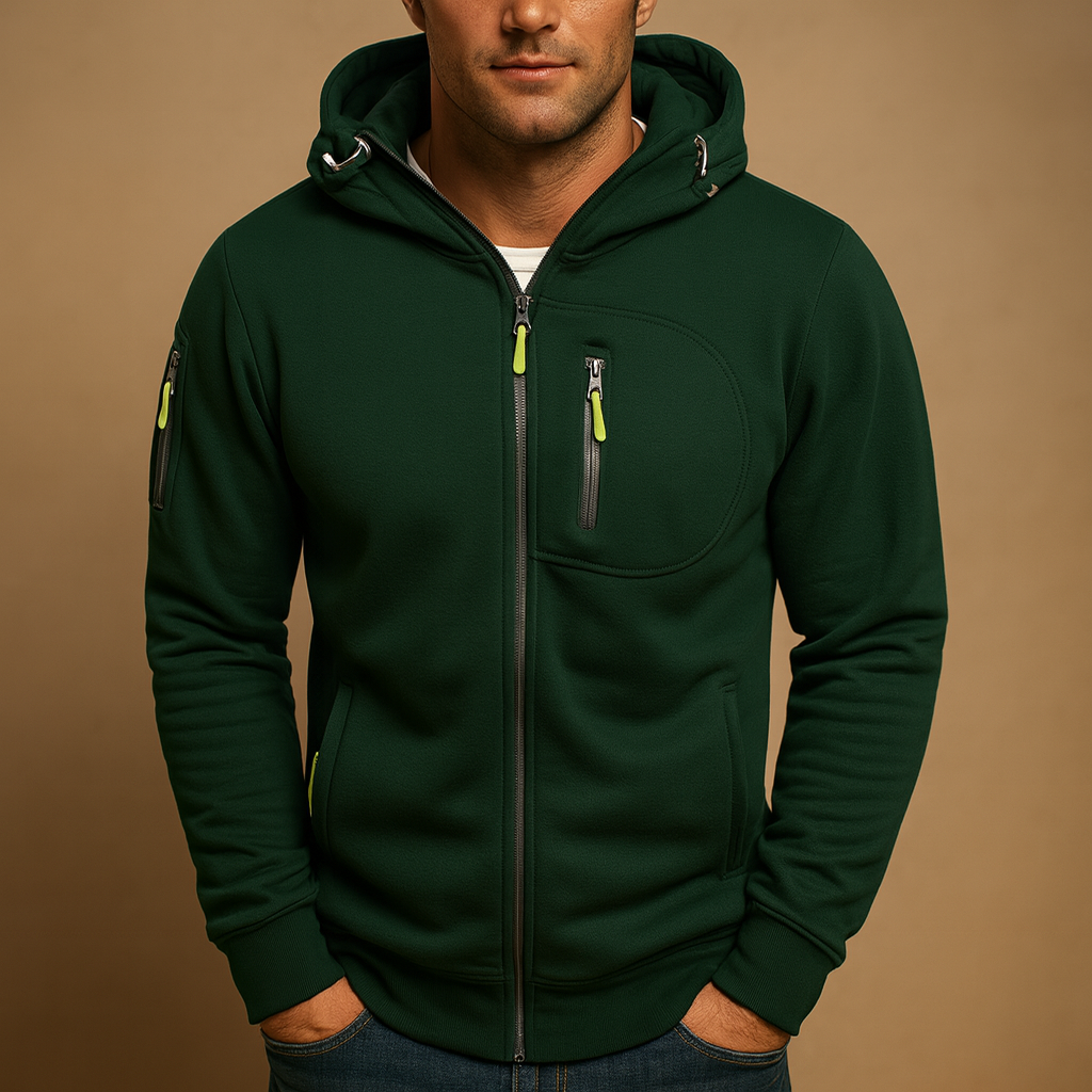 Heren hoodie met rits en capuchon, verkrijgbaar in meerdere kleuren. Comfortabel en veelzijdig voor casual en sportieve outfits in de herfst en winter.