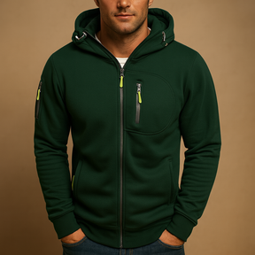 Heren hoodie met rits en capuchon, verkrijgbaar in meerdere kleuren. Comfortabel en veelzijdig voor casual en sportieve outfits in de herfst en winter.