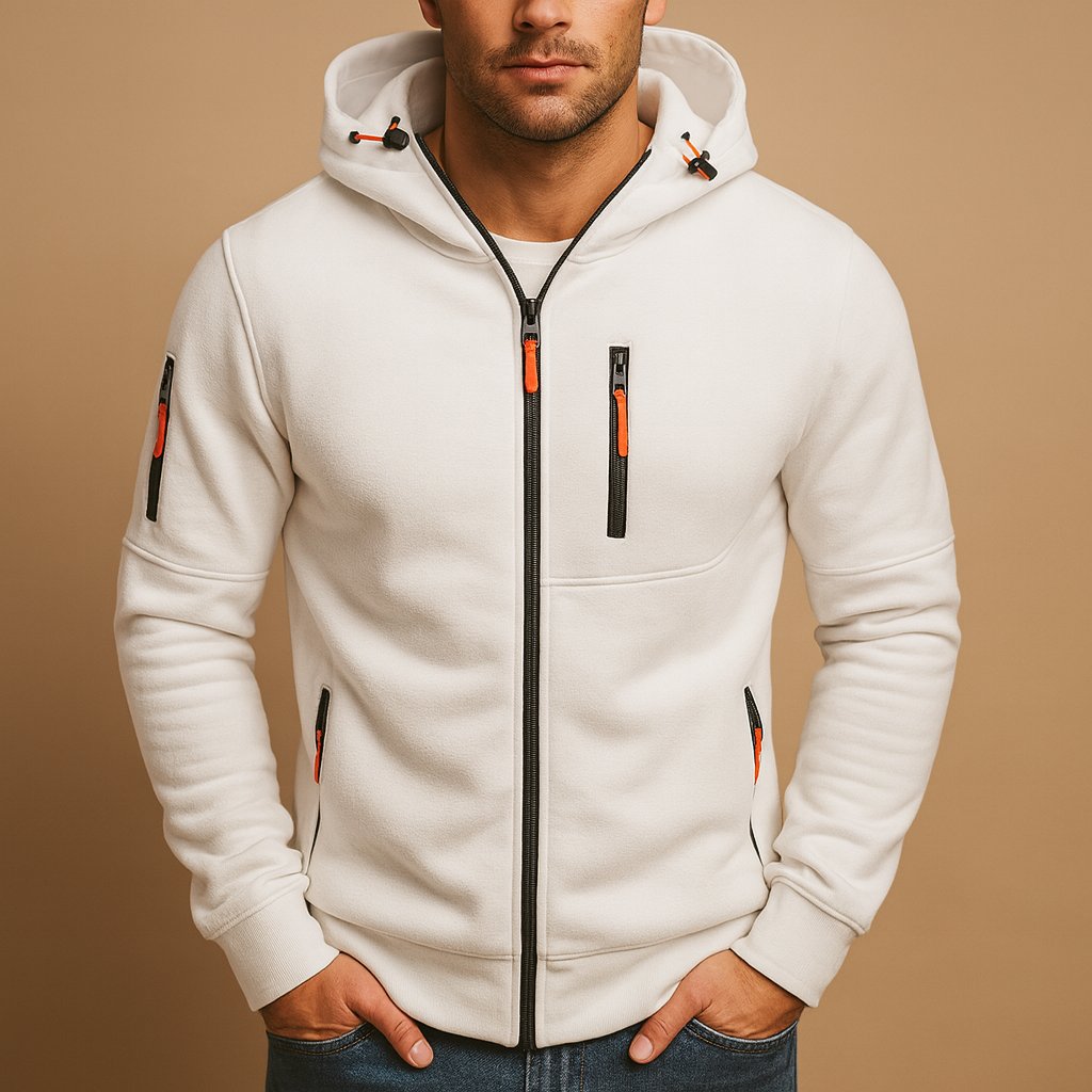 Heren hoodie met rits en capuchon, verkrijgbaar in meerdere kleuren. Comfortabel en veelzijdig voor casual en sportieve outfits in de herfst en winter.