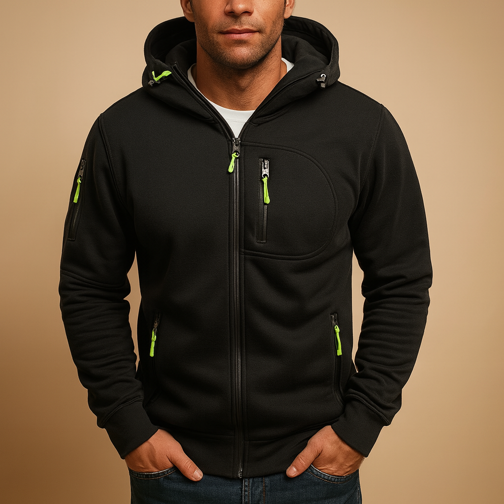 Heren hoodie met rits en capuchon, verkrijgbaar in meerdere kleuren. Comfortabel en veelzijdig voor casual en sportieve outfits in de herfst en winter.