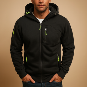 Heren hoodie met rits en capuchon, verkrijgbaar in meerdere kleuren. Comfortabel en veelzijdig voor casual en sportieve outfits in de herfst en winter.